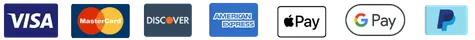 Visa, Mastercard, Discover, American Express, Apple Pay, Google Pay, PayPal